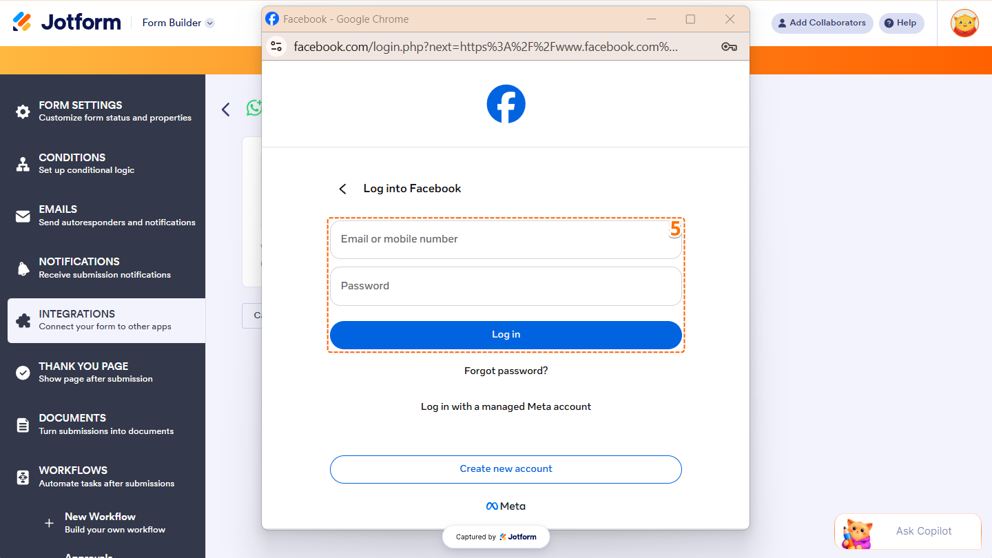 Facebook login window