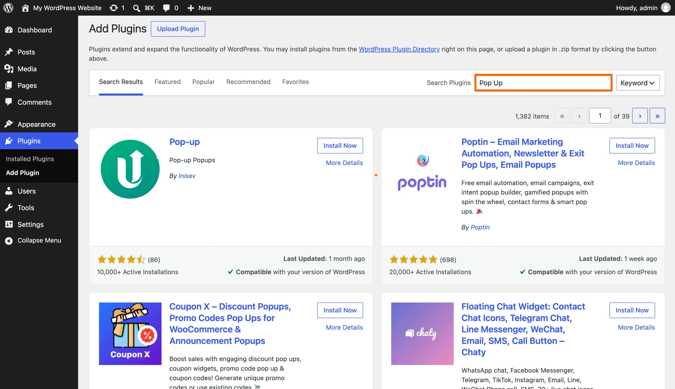 WordPress Add Plugins screen showing search results for Pop-up by Inisev