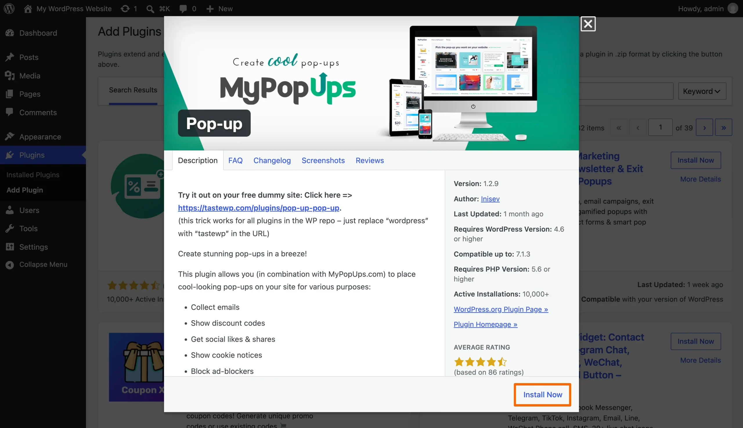 Pop-up by Inisev plug-in details window with the Install Now button highlighted