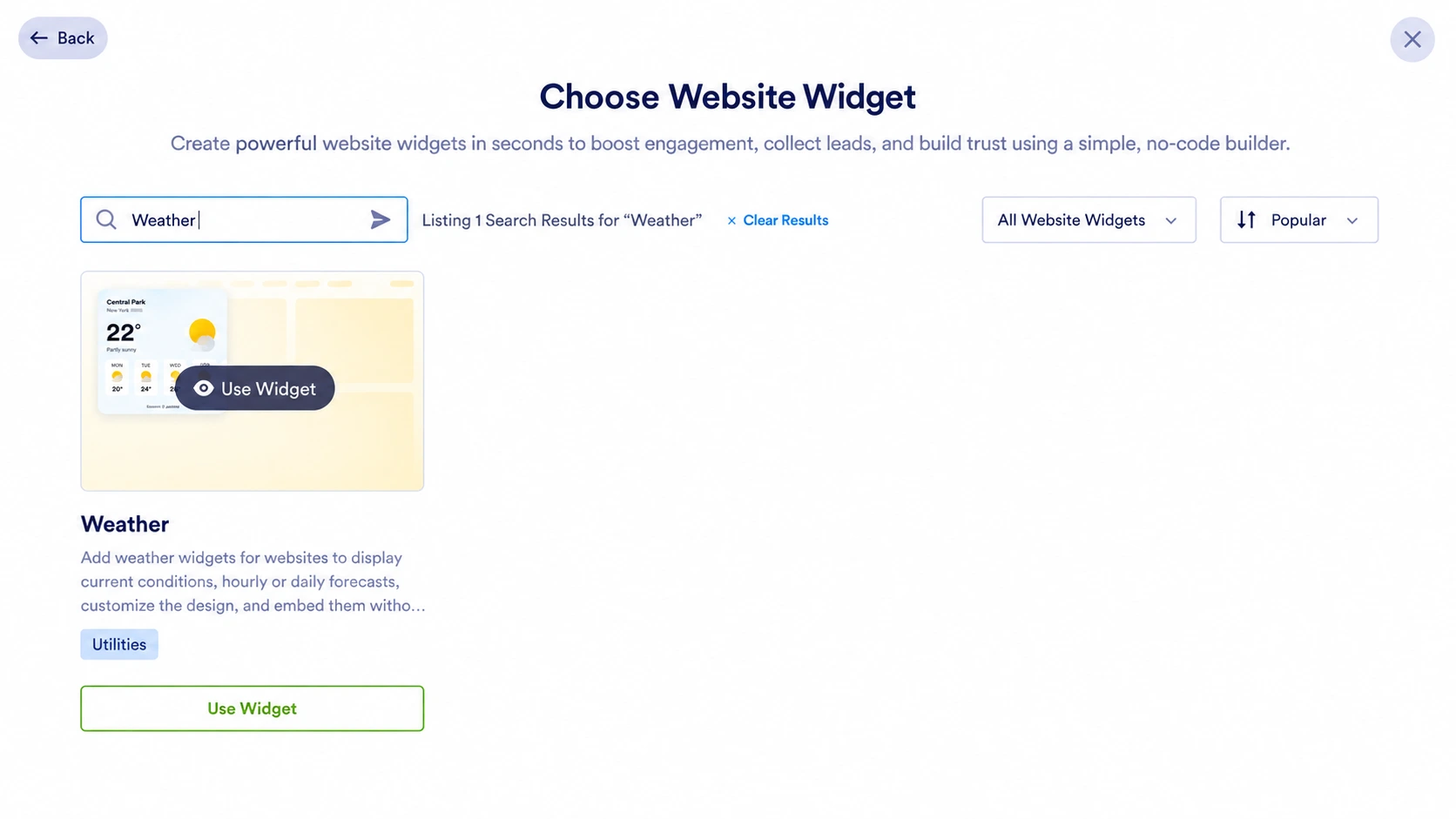 Suchergebnisse der Jotform Website-Widgets mit der Wetter-Widget-Option, einer Vorschaukarte und der Schaltfläche „Widget verwenden“