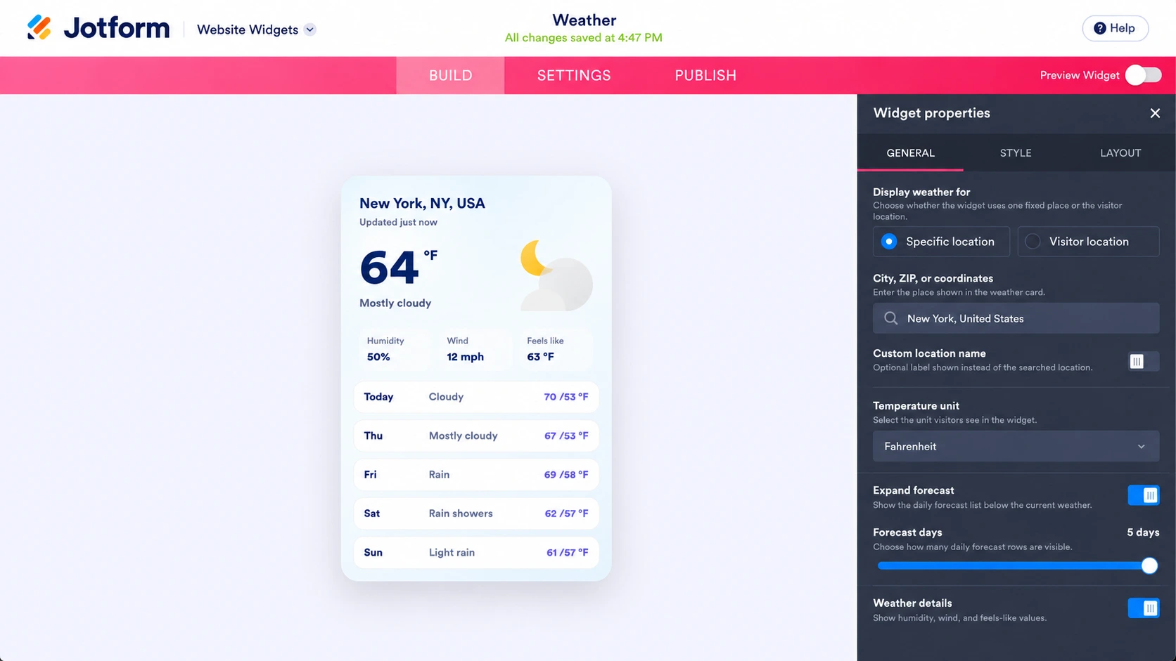 Jotform Wetter-Widget-Editor mit einer Vorhersagekarte für New York, aktuellen Wetterbedingungen, Fünf-Tage-Vorhersage und dem Bereich für Wettereinstellungen