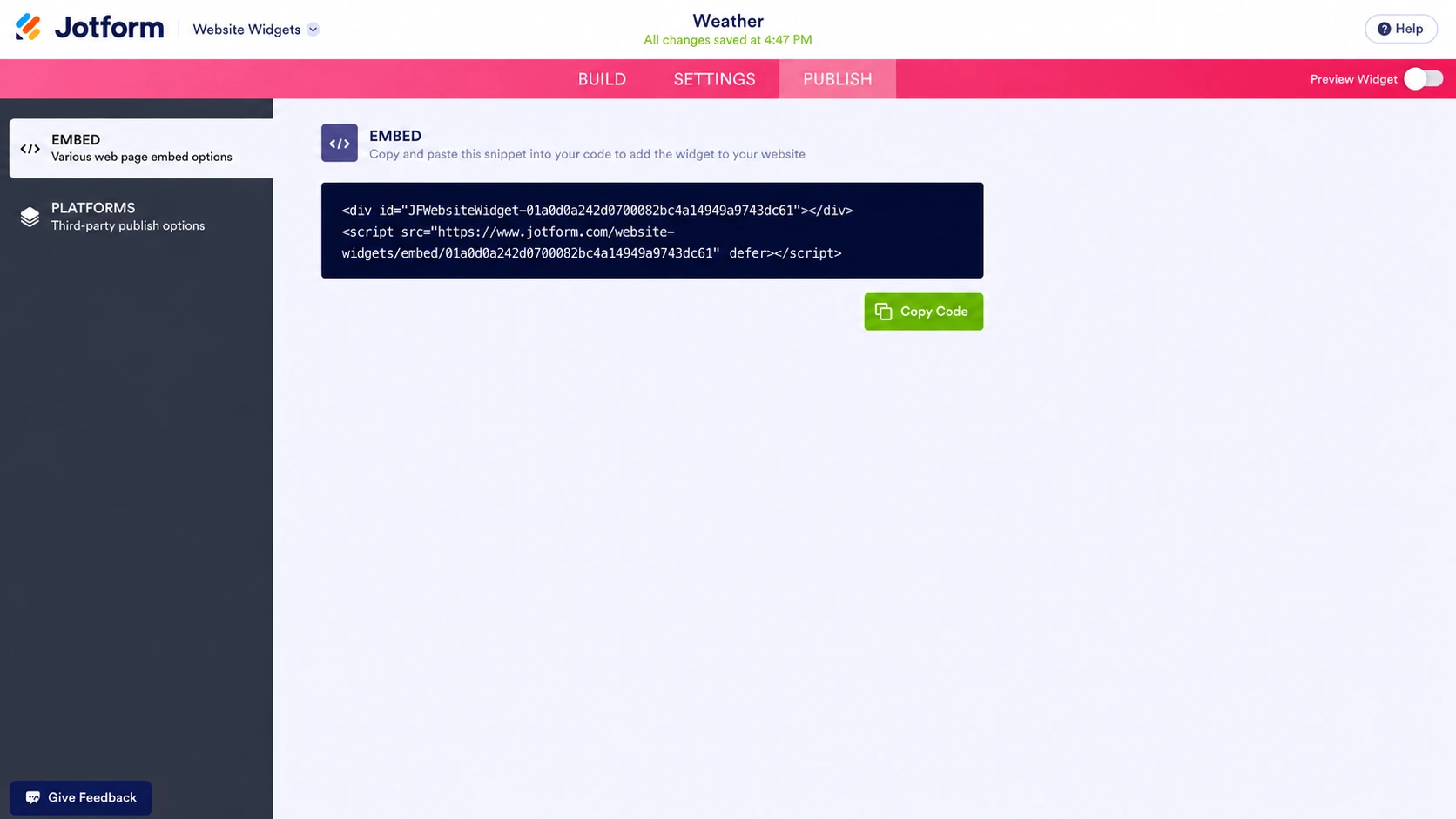 Veröffentlichungsbildschirm des Jotform Wetter-Widgets mit dem Einbettungscode und einer grünen Schaltfläche „Code kopieren“